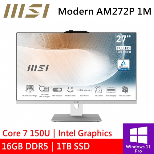 微星 Modern AM272P 1M-857TW 27型 白(Intel Core 7 150U/16G DDR5/1TB PCIE/W11P)