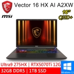 微星 Vector 16 HX AI A2XWHG-268TW 16吋 灰(Intel Ultra 9 275HX/32GB DDR5/1TB PCIE/RTX5070Ti 12G/W11)●預購排單出貨●